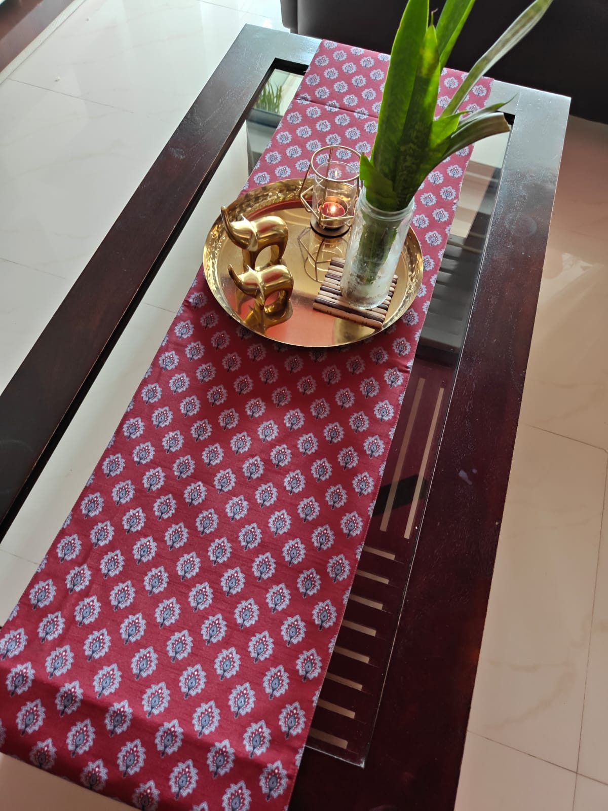 Dupioni Ajrakh Silk Table Runner Moroccan Floral Motif (L-72in, W-12in) In India