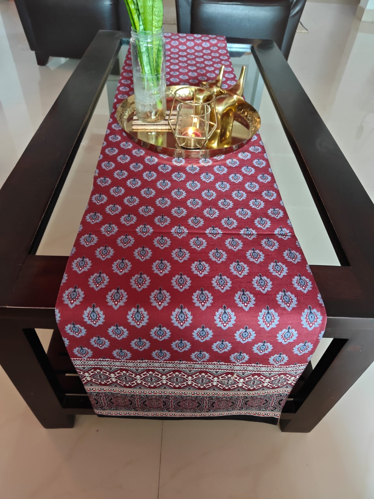 Dupioni Ajrakh Silk Table Runner Moroccan Floral Motif (L-72in, W-12in) In India