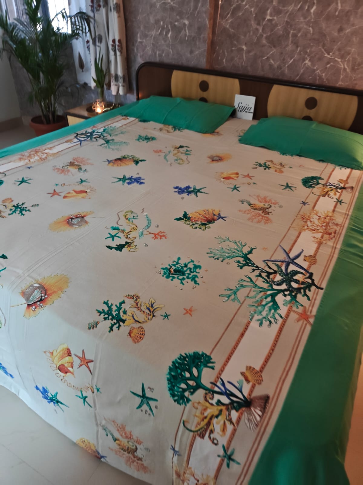 Thick Cotton Teal Green Coral Print King Size With Solid Border Double Bedcover with 2 Pillow Covers (100*108) Inch