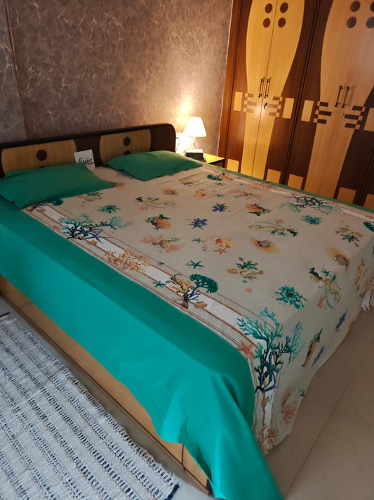 Thick Cotton Teal Green Coral Print King Size With Solid Border Double Bedcover with 2 Pillow Covers (100*108) Inch