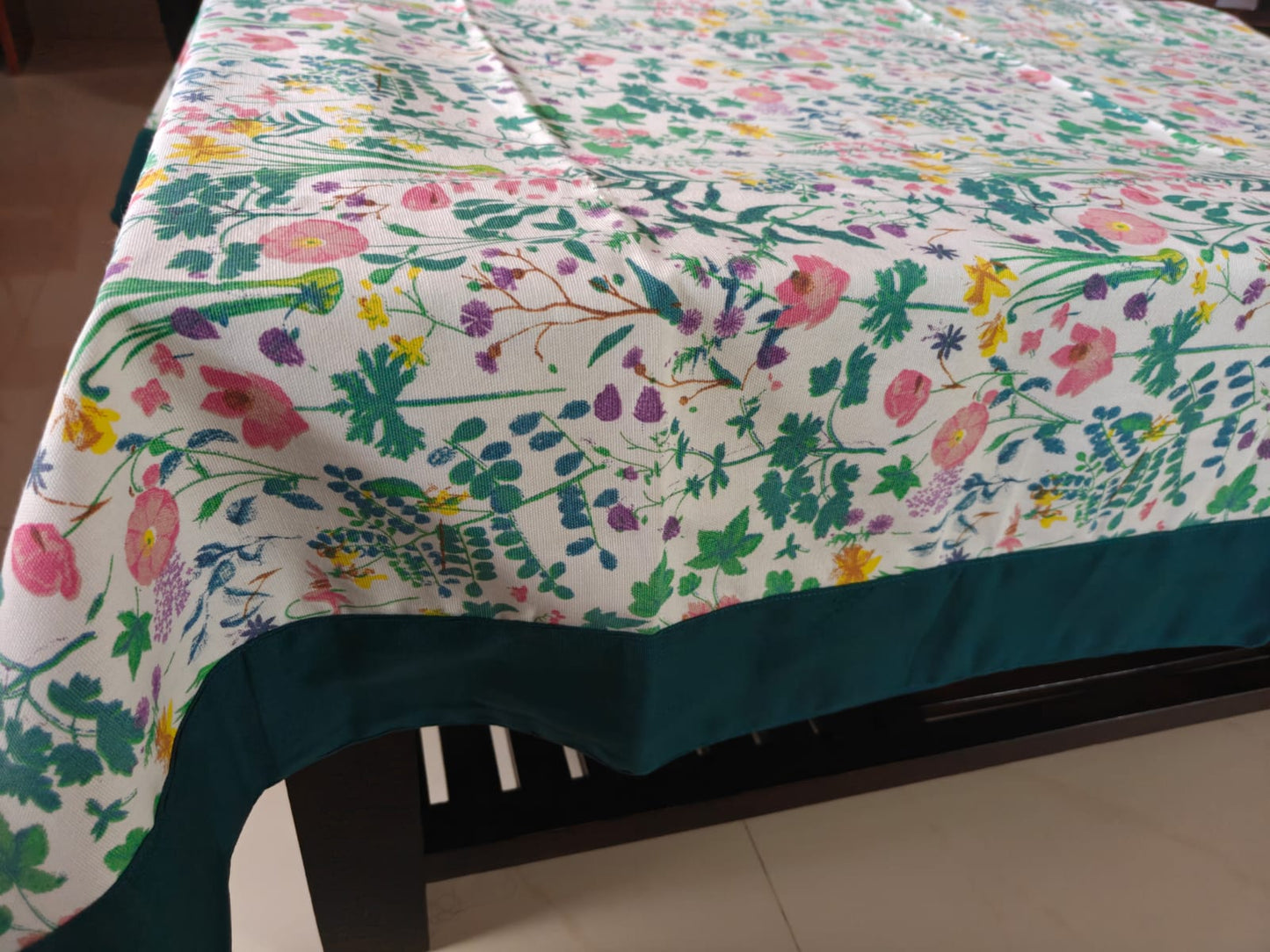 Designer Wilderness Floral Cotton Dining Table Cloth 6 to 8 Seater Table Cover 60" x 90" Teal Green