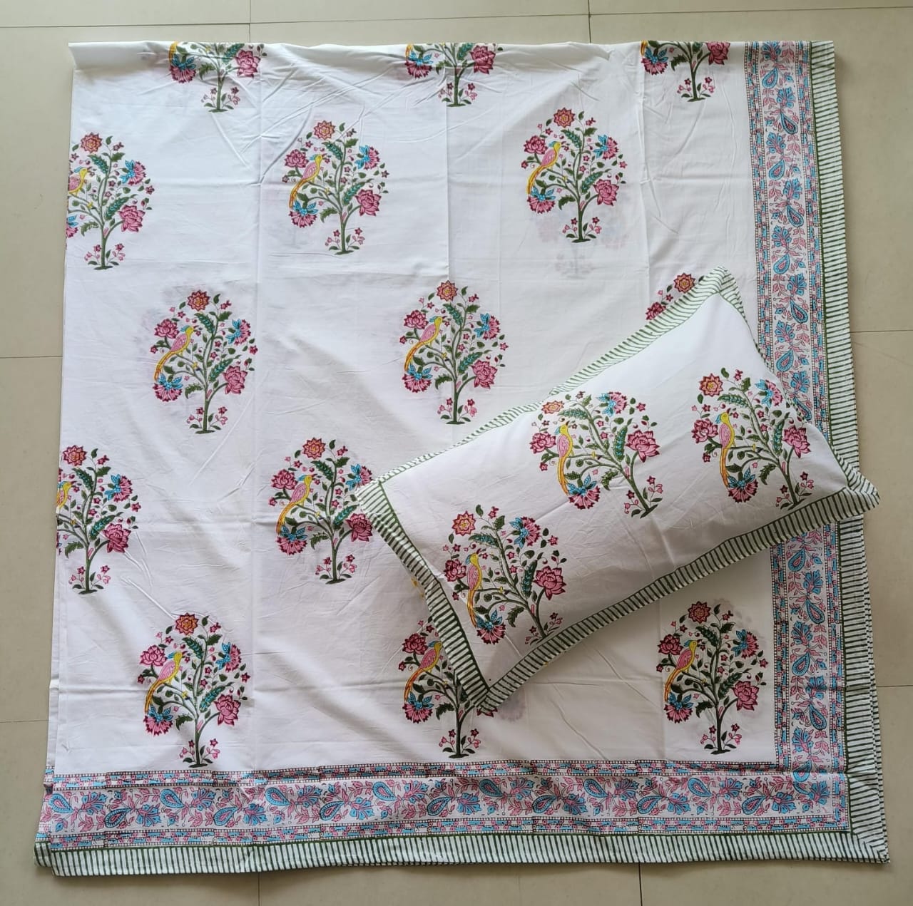 Buy Mughal Floral Percale Cotton Hand block Pink Purple Double Bedsheet King 9 feet x 9 feet