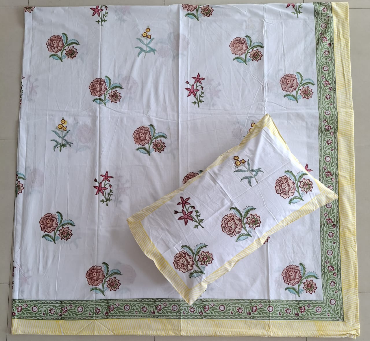 Premium Percale Hand Block Cotton King Bedsheet Yellow Floral 108 inches x 108 inches