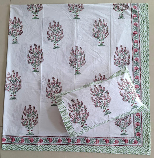 Designer Percale Cotton Hand Block Mughal Guldasta Floral Luxury Collection Cotton Double Bed King Bedsheet 9f x 9f