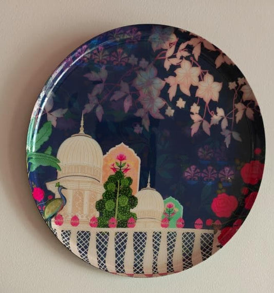 Decorative plate with a colorful design of a building and floral elements on a dark background. Shop Metal Wall Plates | Timeless Vintage  Decor |  12 inches - 1  Big wall plate