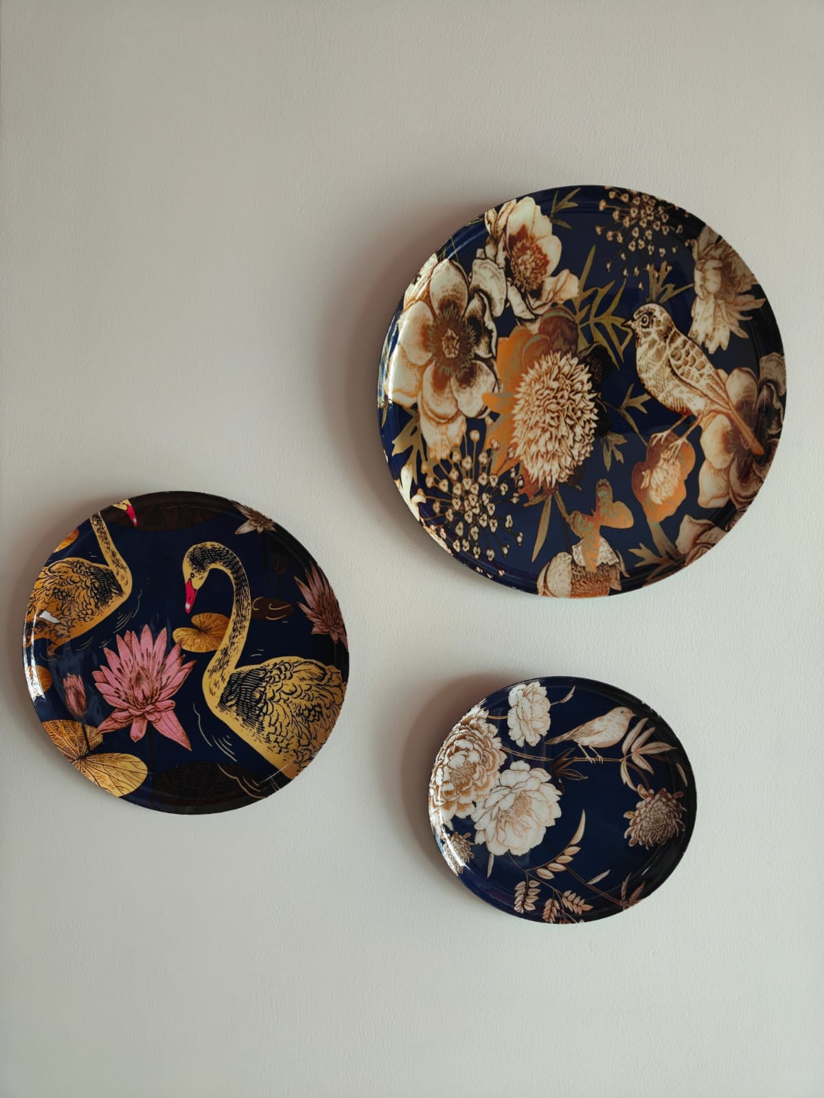 Shop Metal Wall Plates | Golden swans, blooming florals, and graceful birds | Set of 3 - 8, 10, & 12 inches