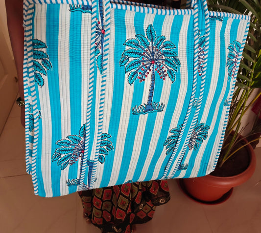 Striped Blue White Printed Palm Tree Tote Bag For Girl Women