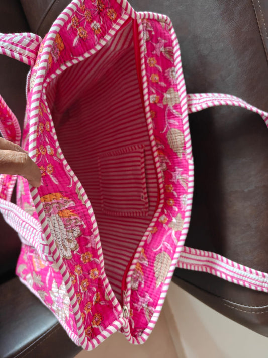 Block print tote bag - Boho quilted women's bags - Women's handbag - PinkFloral