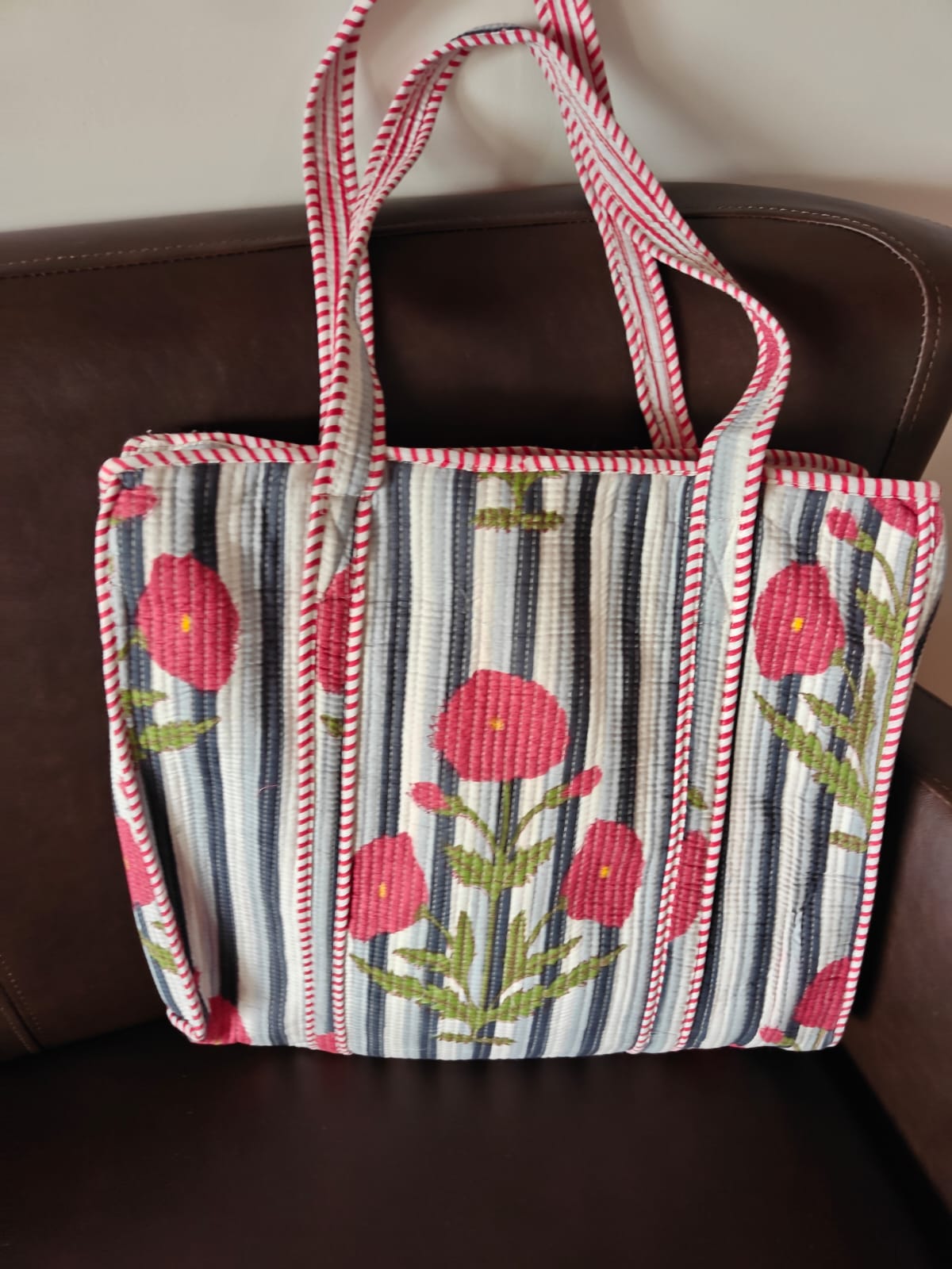 Striped Floral Handblock Printed Quilted Tote Bag with concealed zip 15x 18x 5 inches