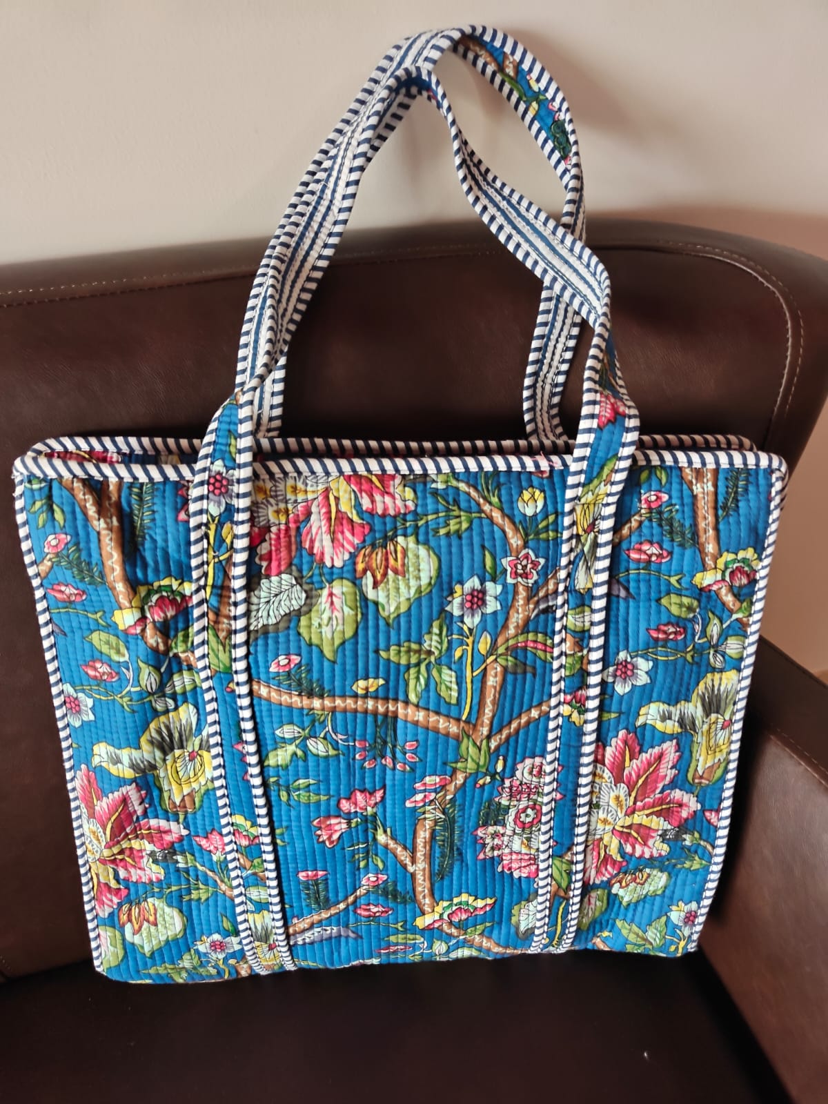 Blue Floral Hand block Printed Quilted Tote Bag with concealed zip 15x 18x 5 inches