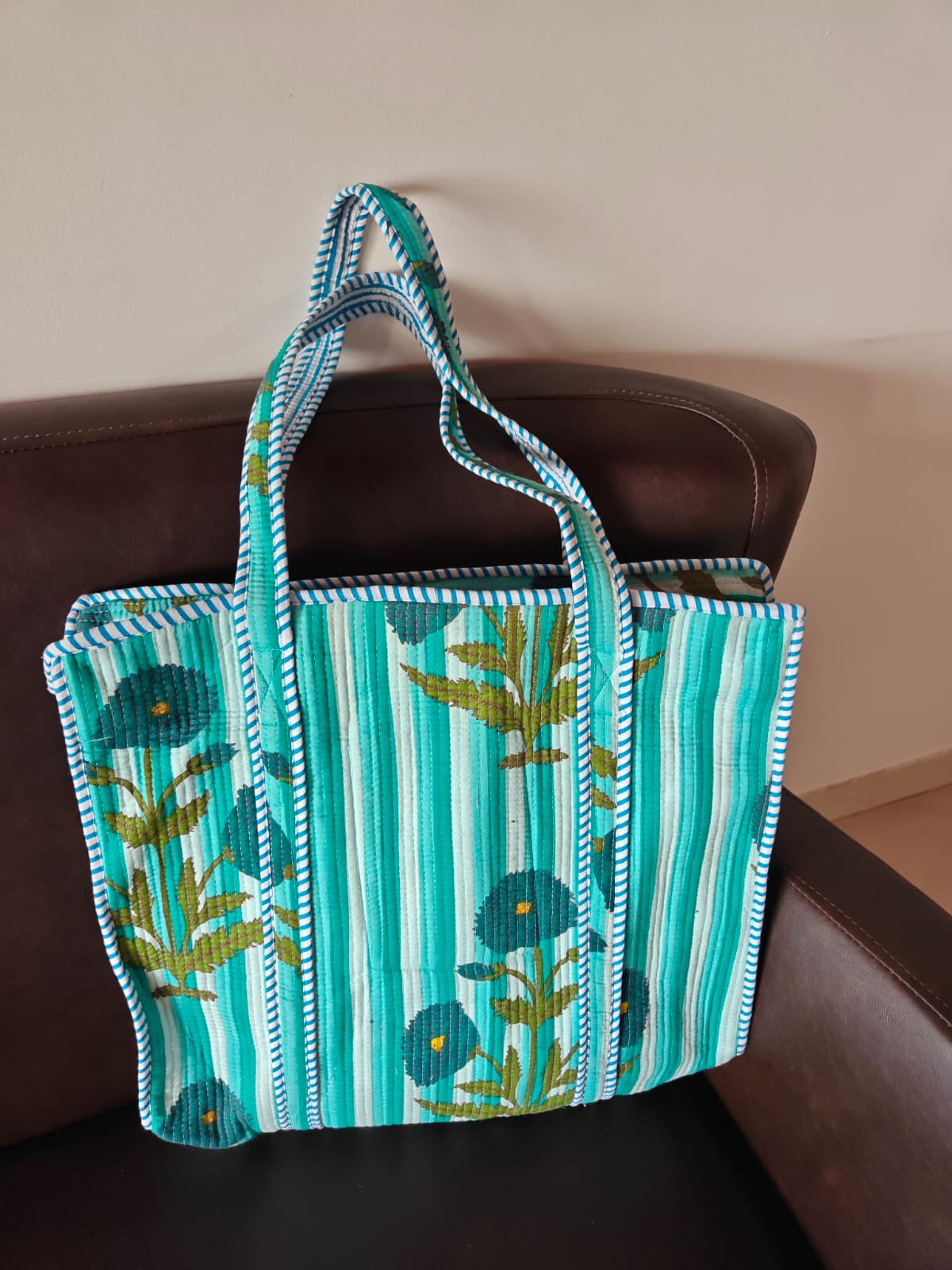 Striped Teal Green White Printed Palm Tree Tote Bag For Girl Women