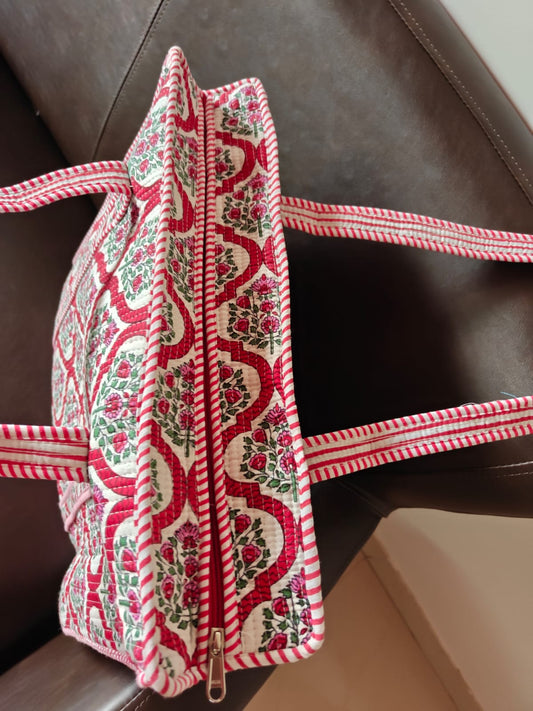 Stylish Damask Floral Handblock Printed Quilted Tote Bag with zip 15x 18x 5 inches