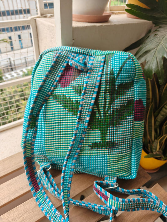 Sajja Quilted block print back pack - Laptop back pack - Checkered Teal