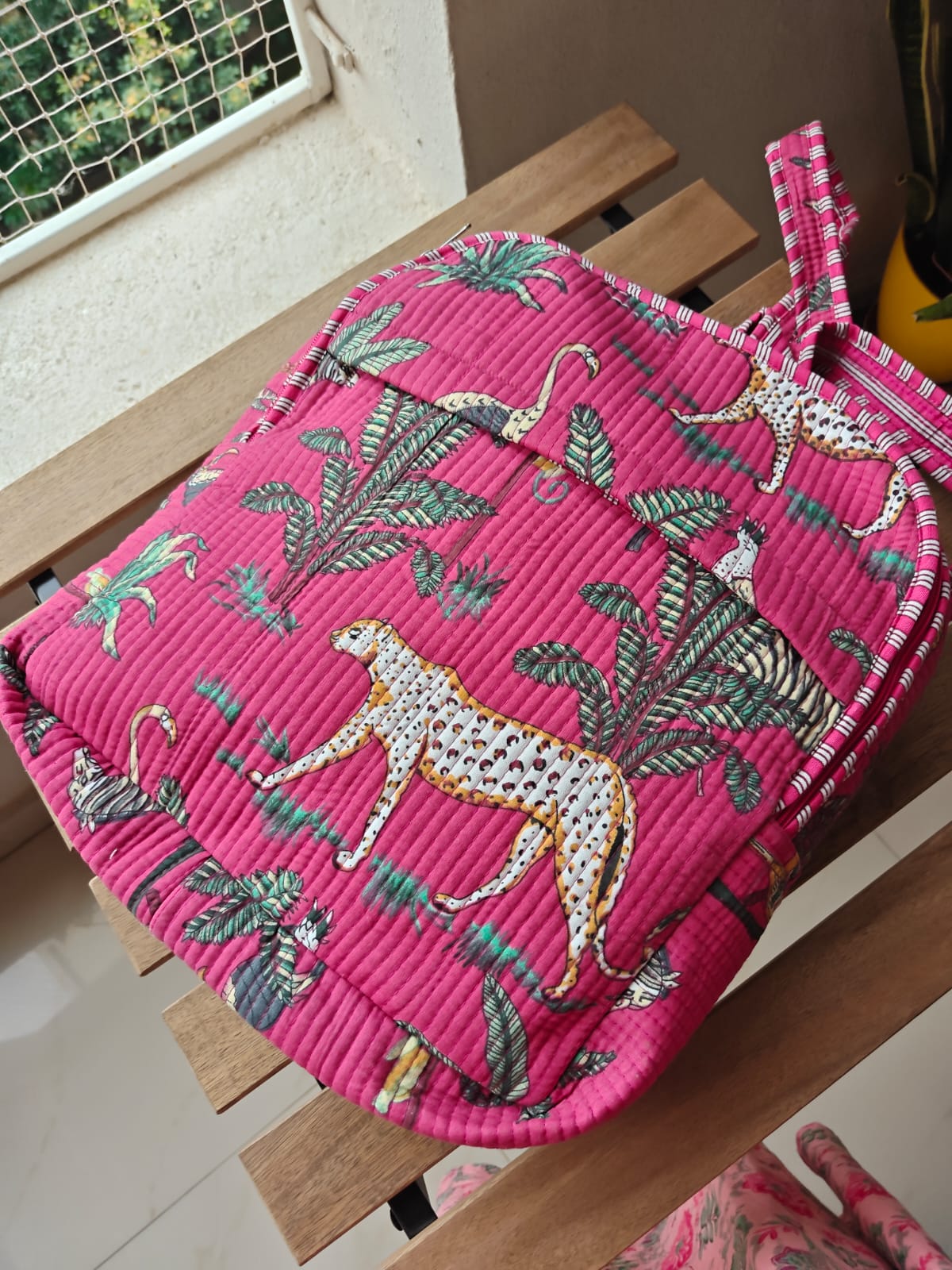 Sajja Quilted block print back pack - Toddler back pack - Pink Jungle print