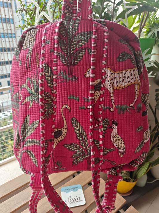 Sajja Quilted block print back pack - Toddler back pack - Pink Jungle print