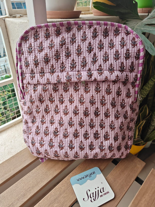 Sajja Quilted block print back pack - Floral back pack - Girl Women - light pink