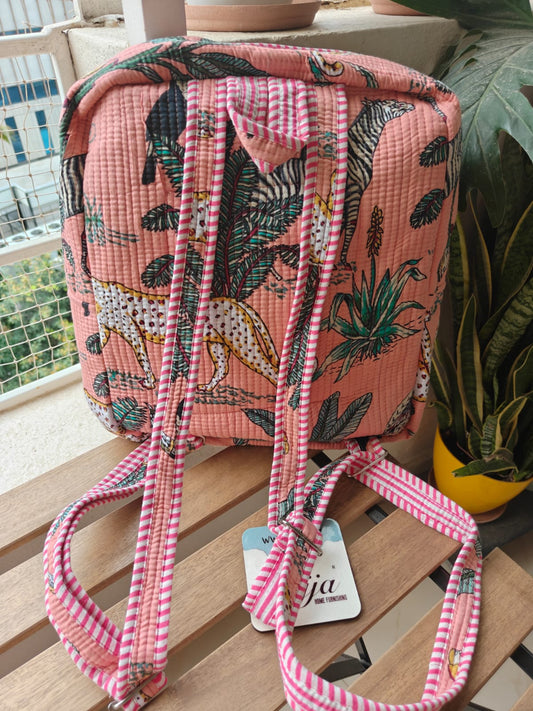 Sajja Quilted block print back pack - Toddler back pack - Peach Jungle print