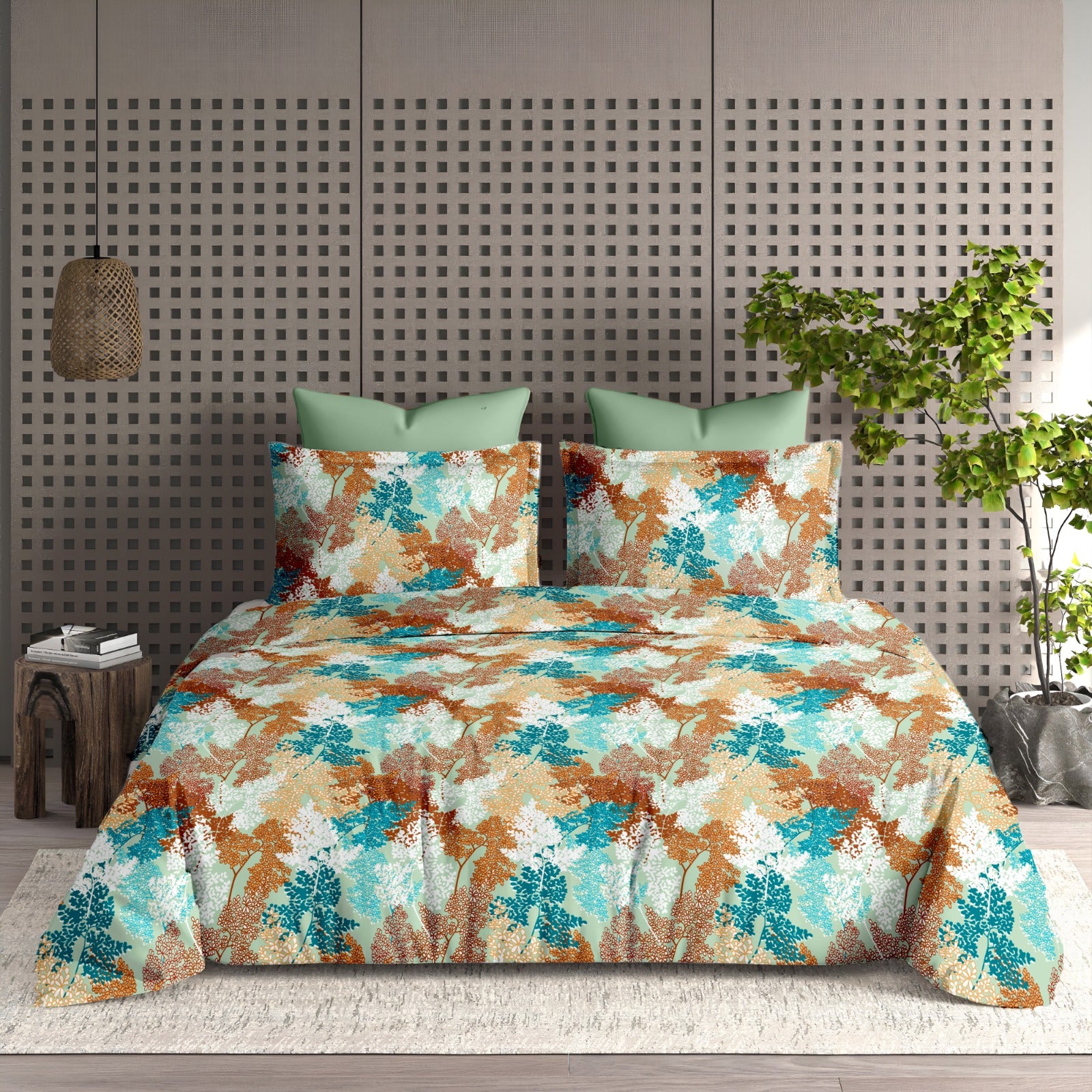 Luxury Living Floral Teal Turquoise Beige King Bedsheet 9 feet x 9 feet