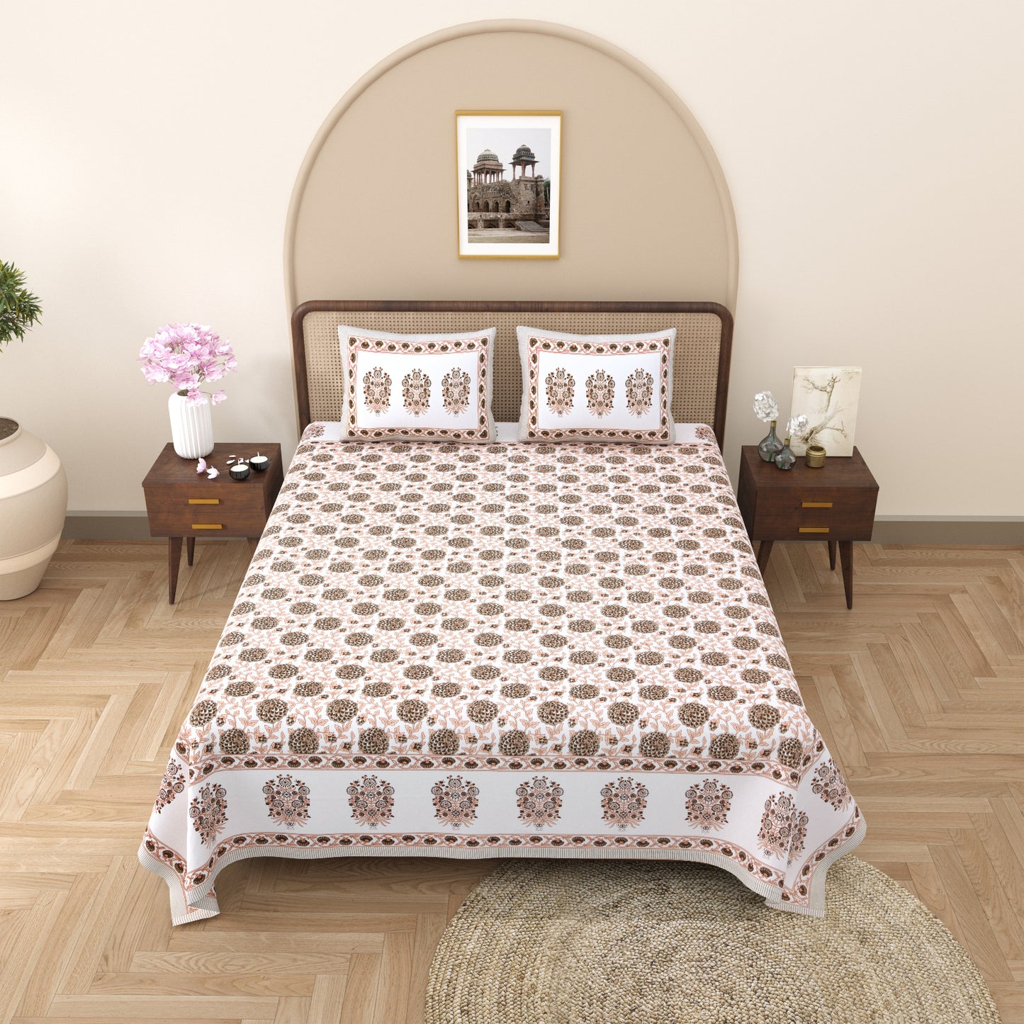 Handblock Gulbahar Brown Floral Bedsheet Queen | Smaller King 95 x 108 inches