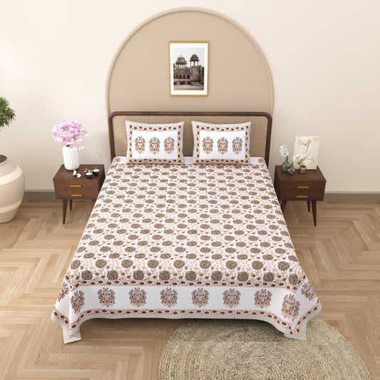 Handblock Gulbahar Brown Floral Bedsheet Queen | Smaller King 95 x 108 inches
