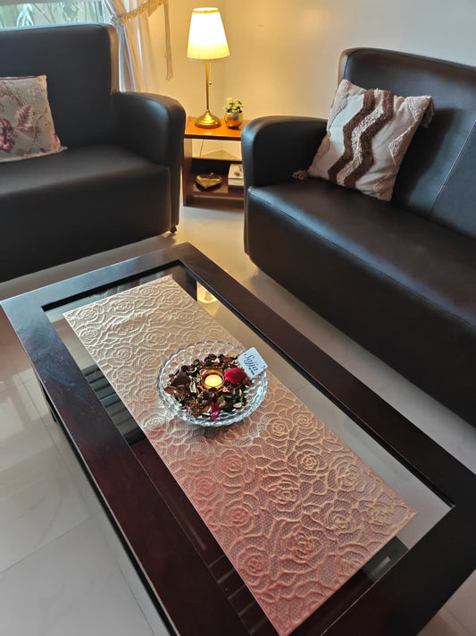 Floral Rose Soft Rexene poly vinyl cutwork 13 x 36 Gold Table Runner