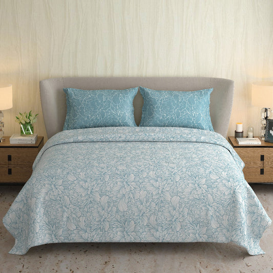 Sajja Luxury Living Cotton Contemporary Blue Floral King Double Bedsheet 9 feet x 9 feet