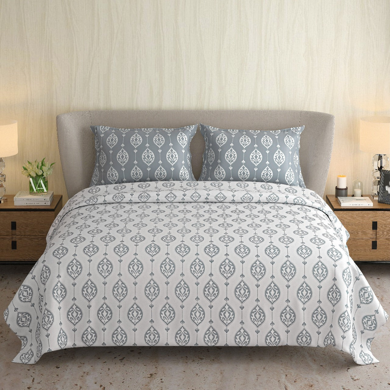 Designer French Luxury Living Cotton Grey King Double Bedsheet 9 feet x 9 feet