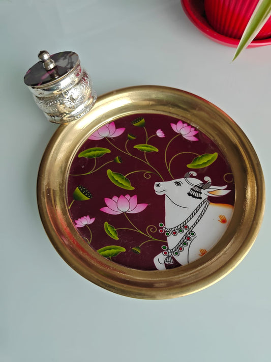Buy Brass Pichwai Wine Cow  Kumkum Box with Plate ( 6 inches plate)