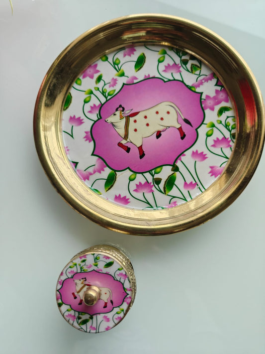 Buy Brass Pichwai Kumkum Box with Plate ( 6 inches plate)