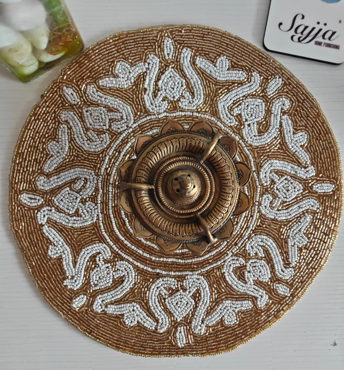 Unique Stylish Beaded Sequins White Round Table Placemat Runner