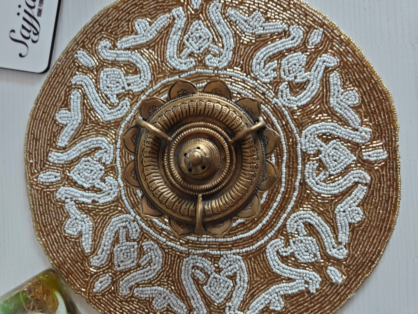 Unique Stylish Beaded Sequins White Round Table Placemat Runner