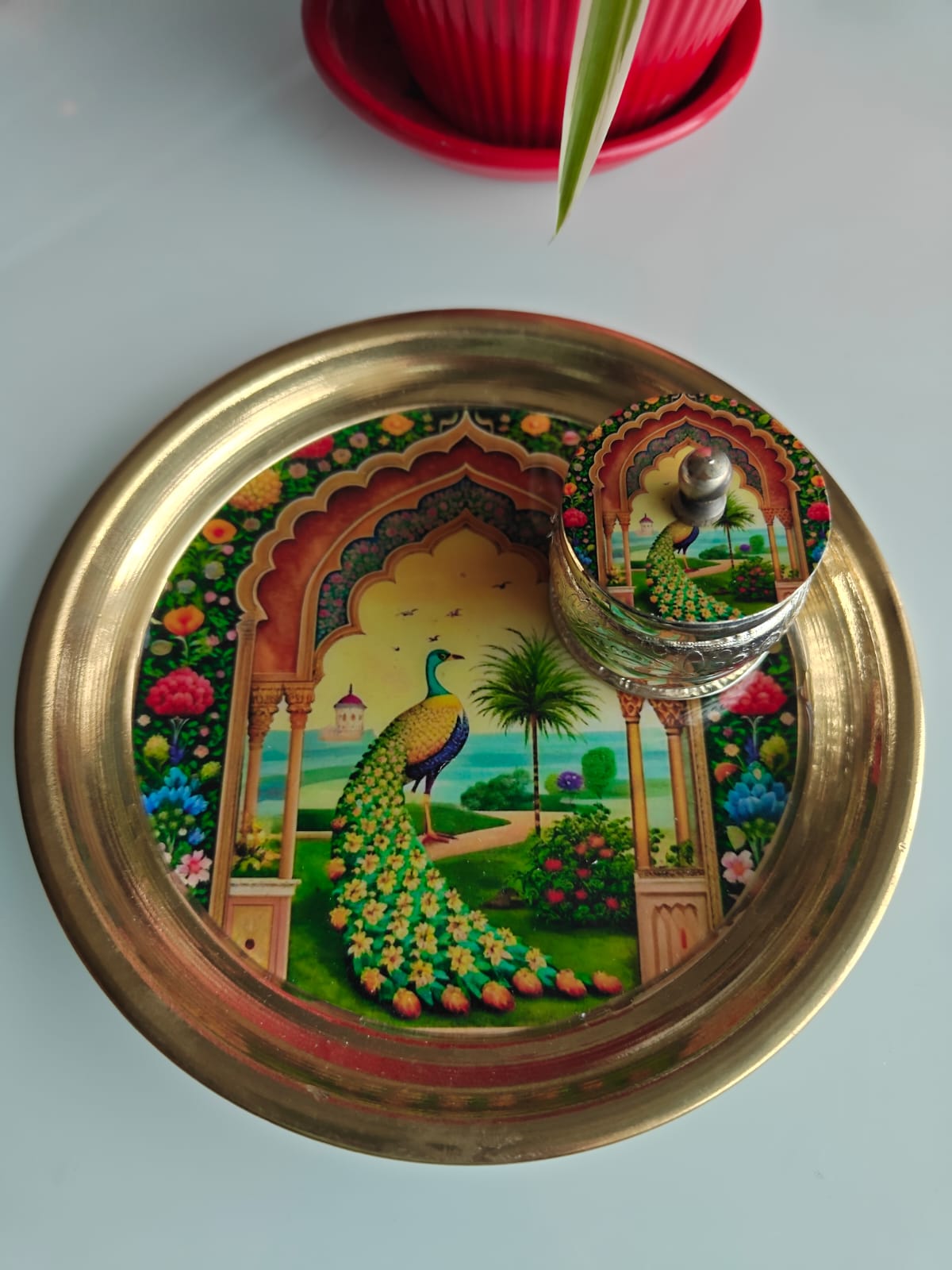 Buy Brass Peacock Pichwai Kumkum Box with Plate ( 6 inches plate)