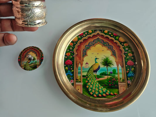 Buy Brass Peacock Pichwai Kumkum Box with Plate ( 6 inches plate)