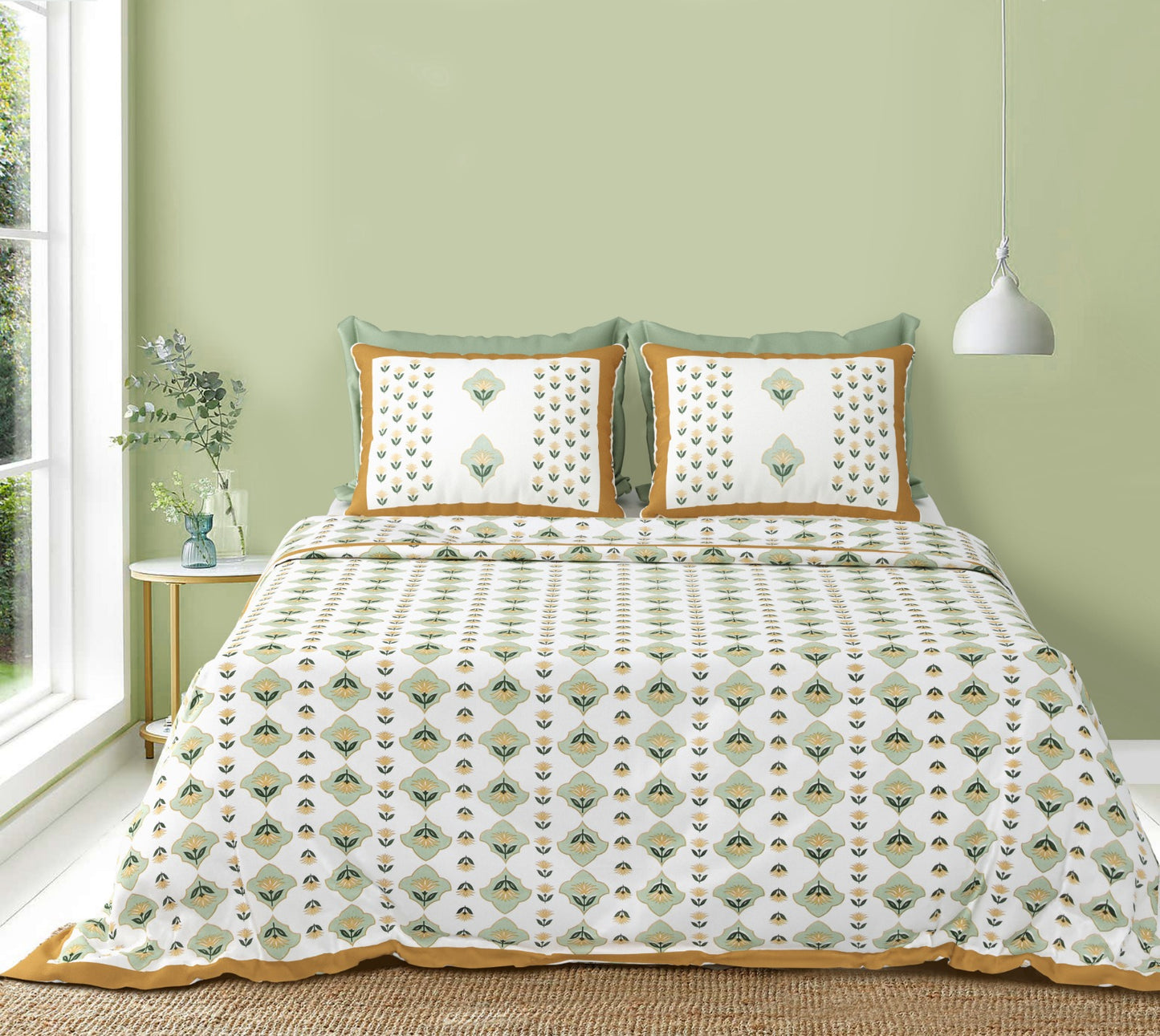 Sajja Hand Block Bedsheet Floral Sage Guldasta Queen Smaller King 95 x 108 inches