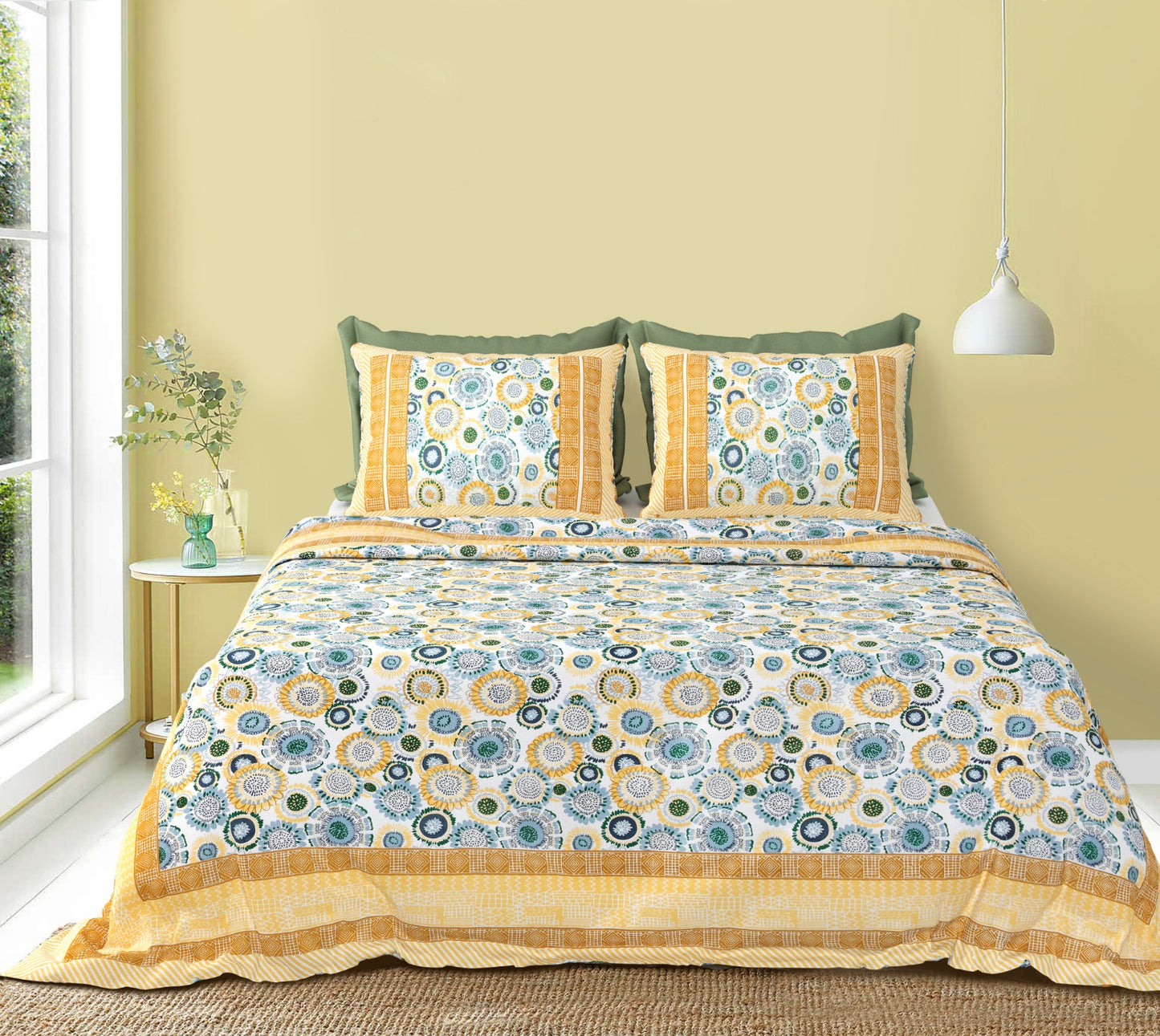 Heritage Vintage Floral Blue Yellow Hand block Cotton Double Bedsheet Queen 95 x 108 inch