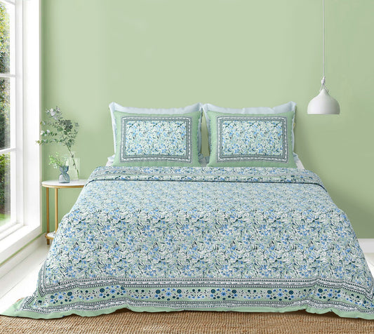 Heritage Vintage Blue Sage Green  Hand block Cotton Double Bedsheet Queen | Smaller King
