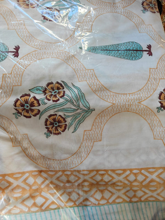 Hand block Printed 100% Cotton Floral Double Bedsheet Yellow White 90 x108 inches