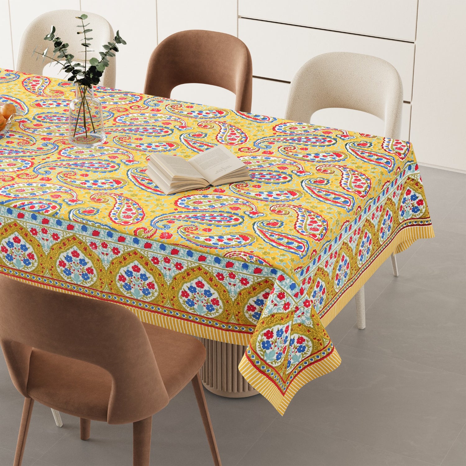 Paisley Multicolour Hand Block Cotton Table Cover - 60 x 90 inches 6 seater | smaller 8 seater Table Cloth