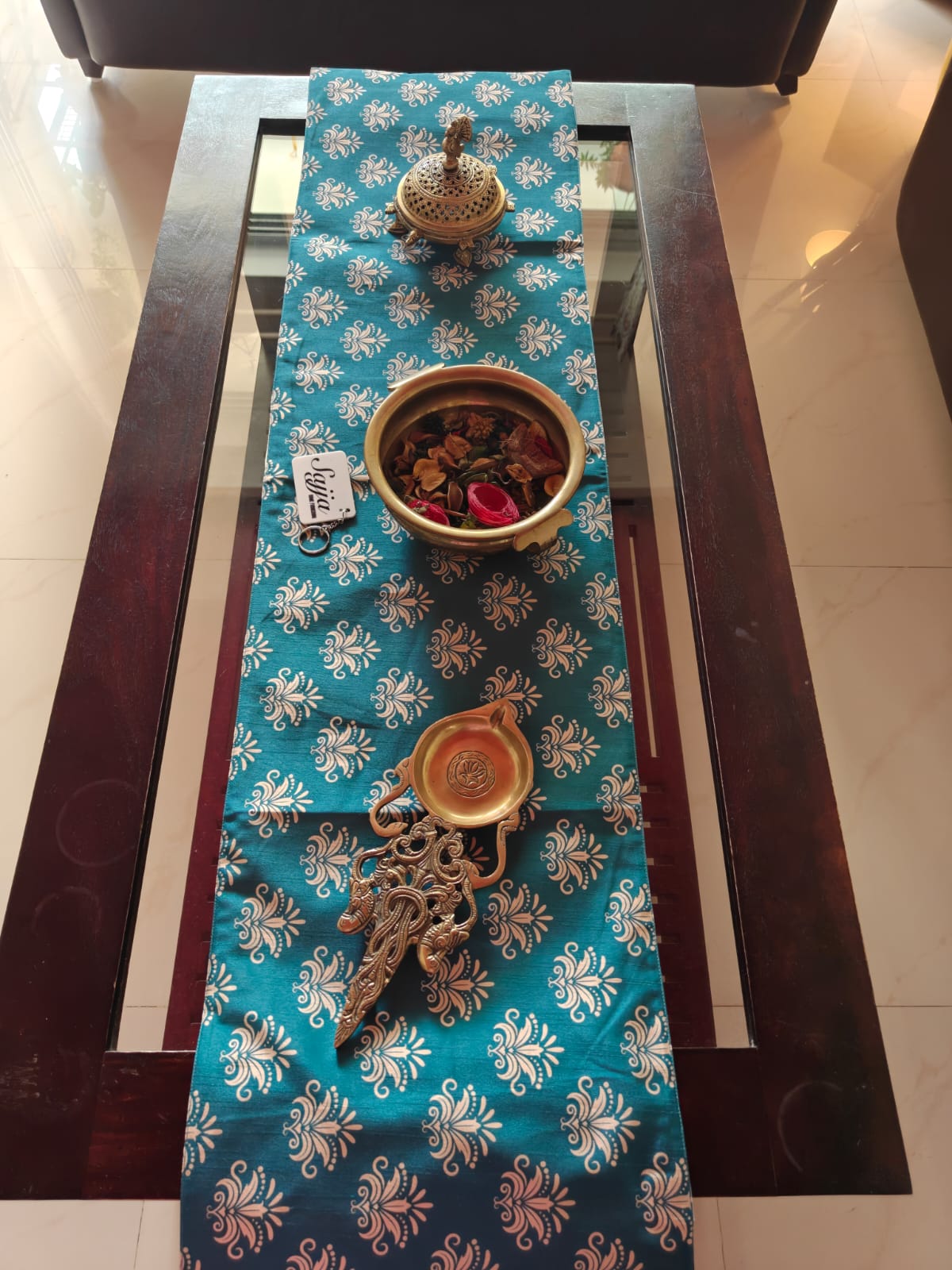 Jade English Art Inspired Silk Small Coffee Table Runner L-48 in, W-12 in