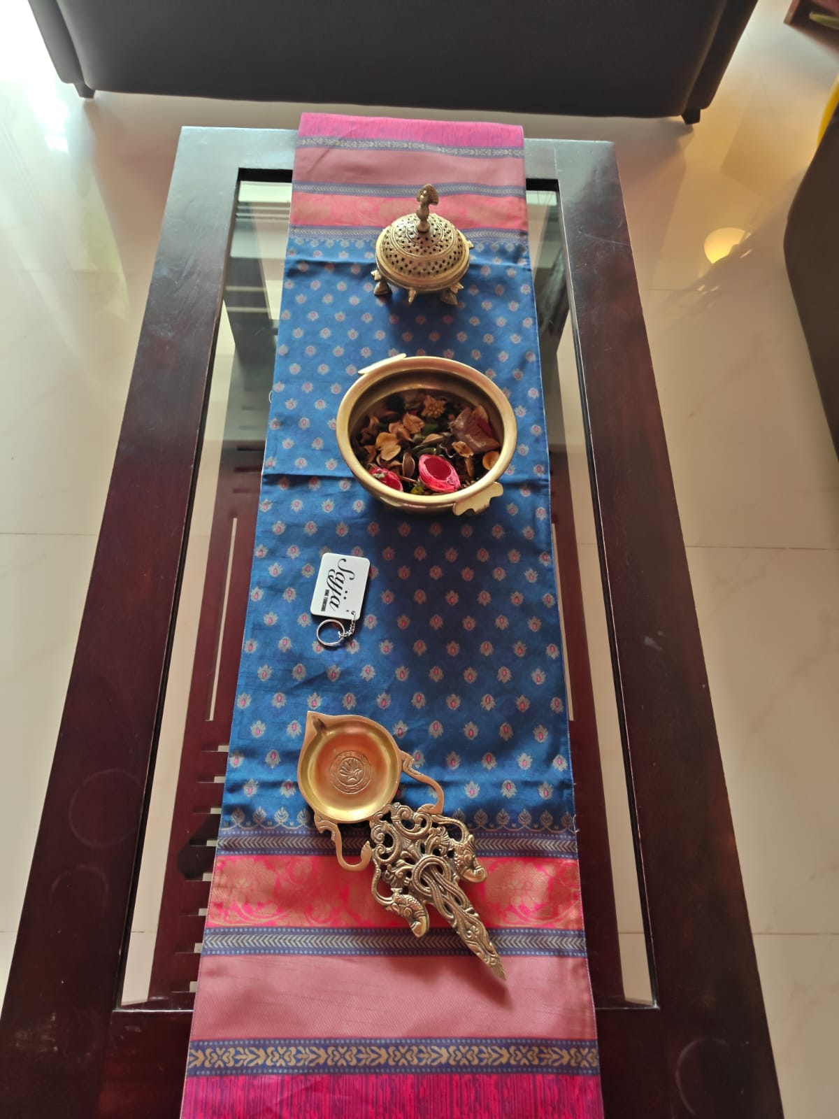 Sajja Enchanting Pink Blue Golden Motif Silk Table Runner (12 x 48 inches) Smaller Table