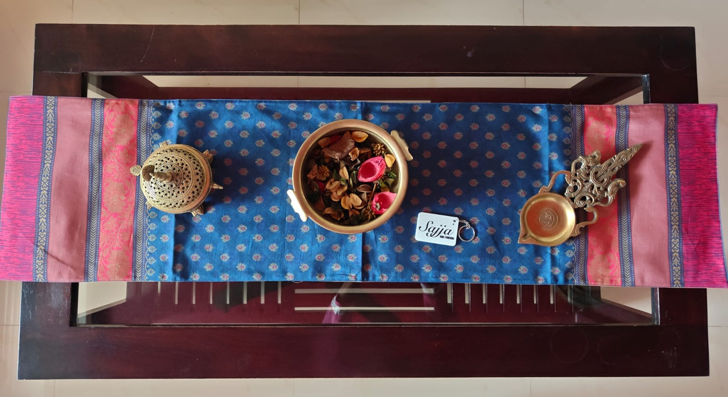 Sajja Enchanting Pink Blue Golden Motif Silk Table Runner (12 x 48 inches) Smaller Table