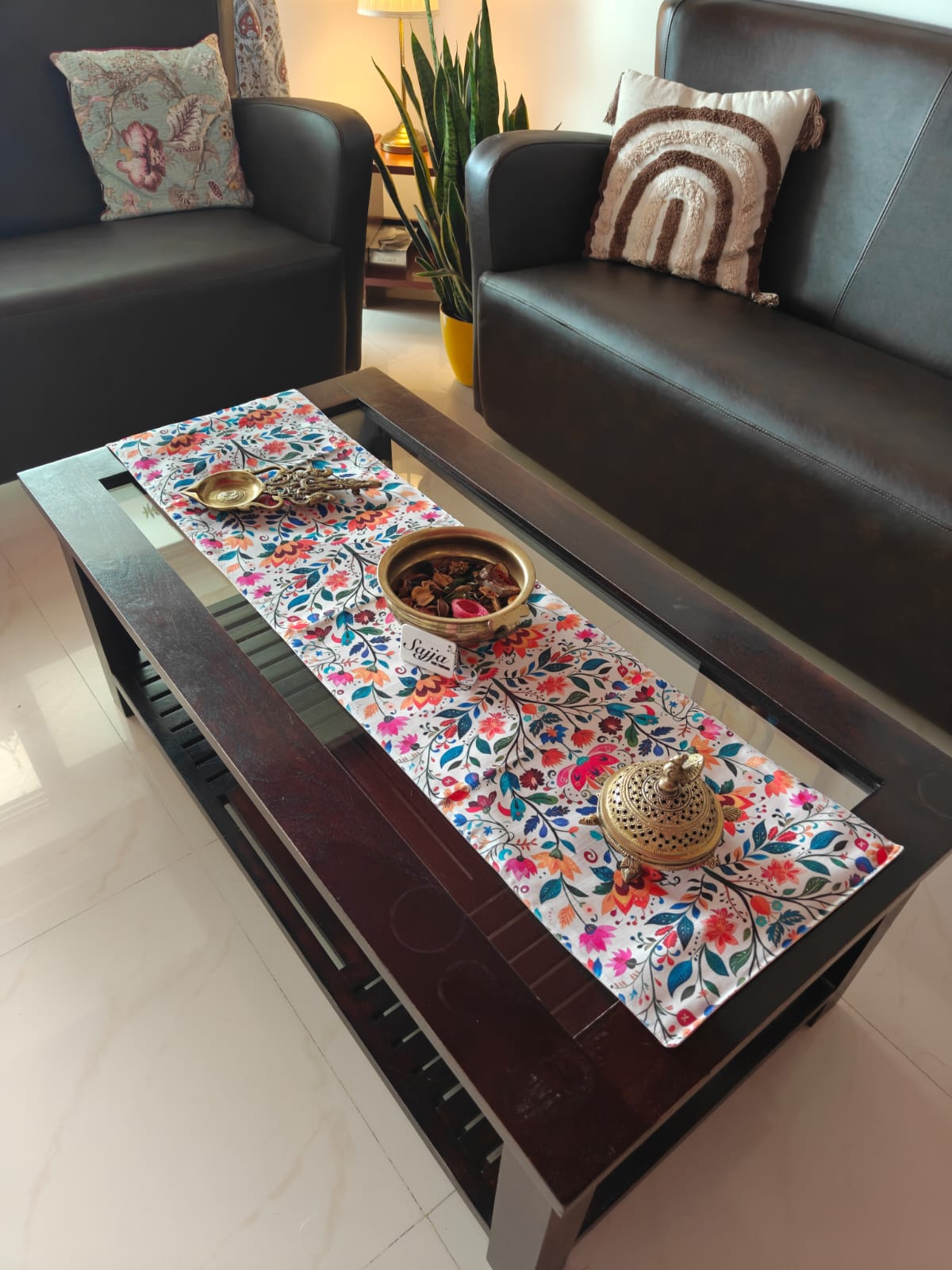 Bright Designer Floral Silk Small Coffee Table Runner (L-48in, W-12in)