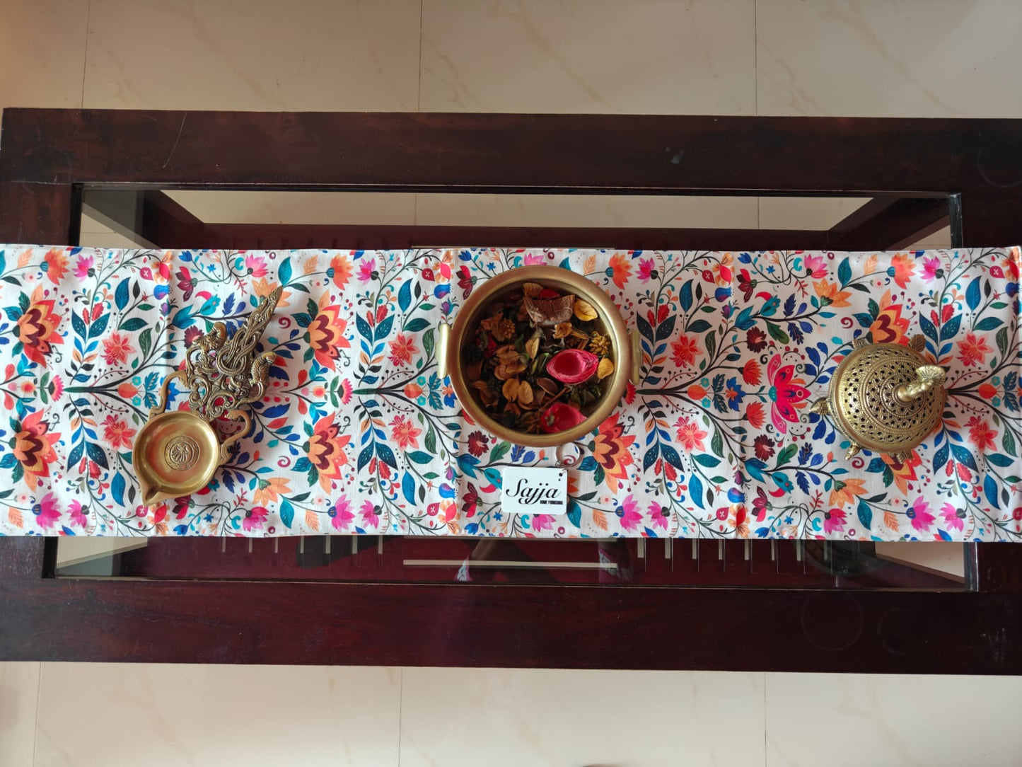 Bright Designer Floral Silk Small Coffee Table Runner (L-48in, W-12in)
