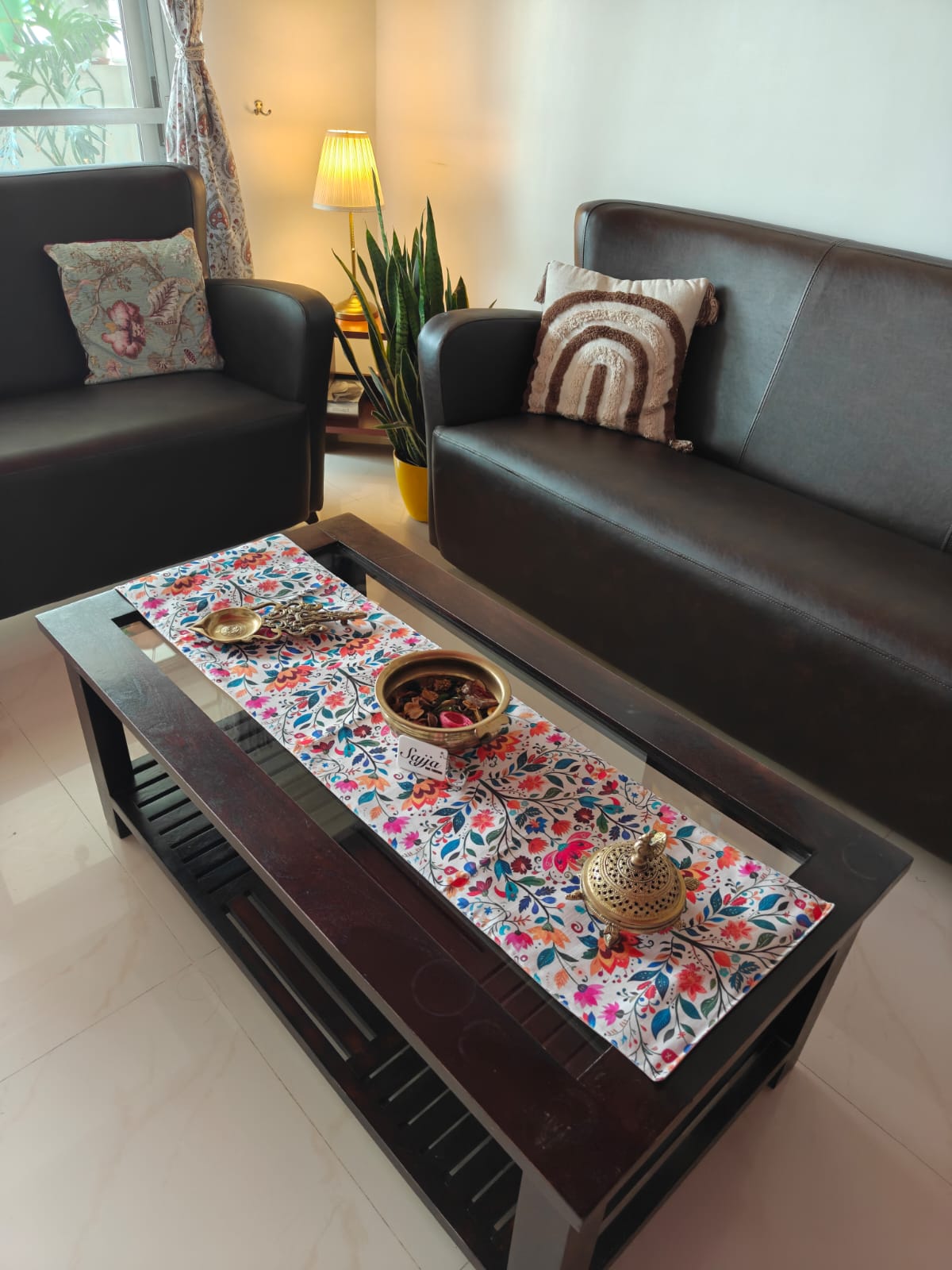 Bright Designer Floral Silk Small Coffee Table Runner (L-48in, W-12in)
