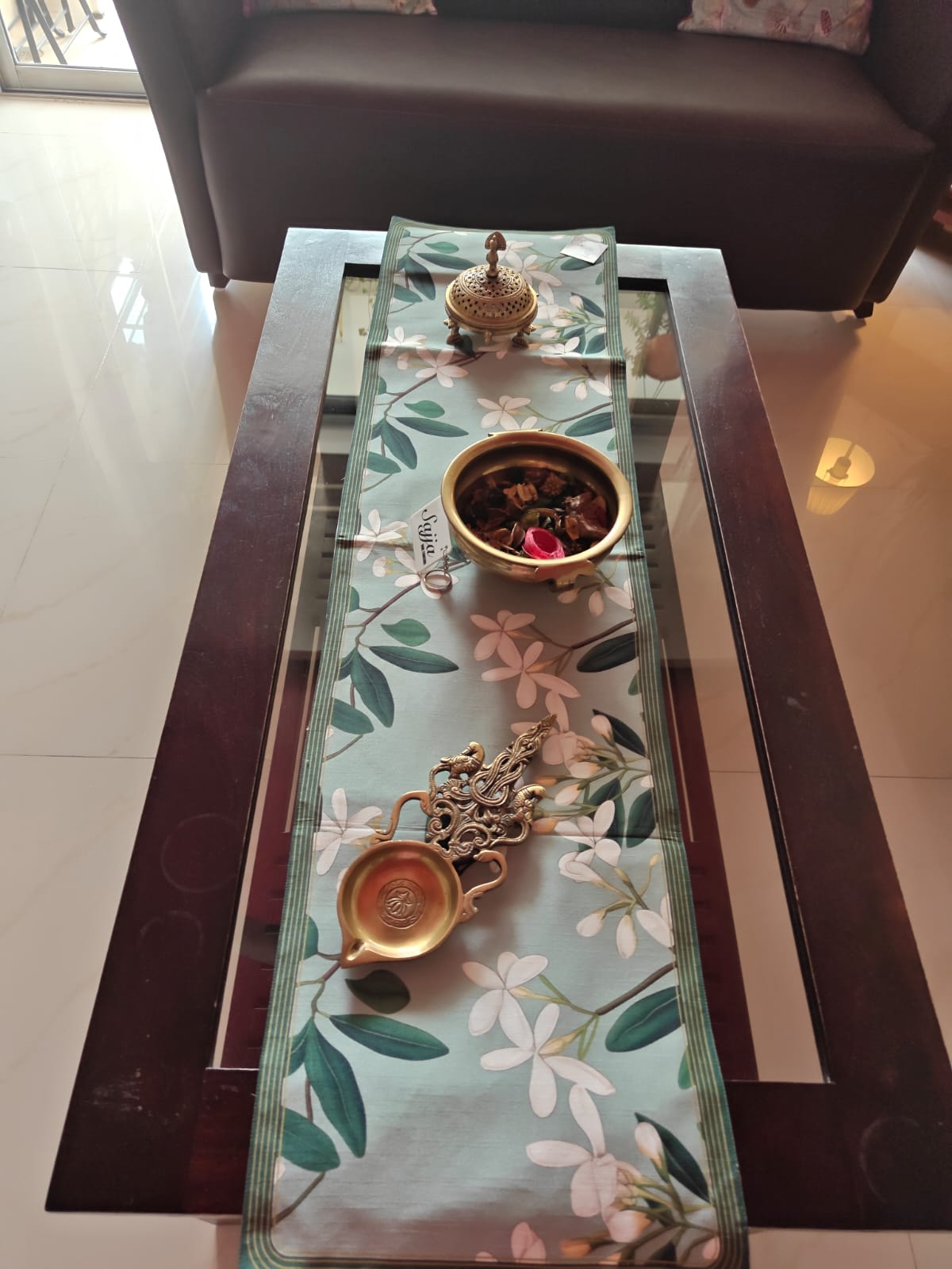 Jade Buddha Art Inspired Silk Small Coffee Table Runner L-48 in, W-12 in