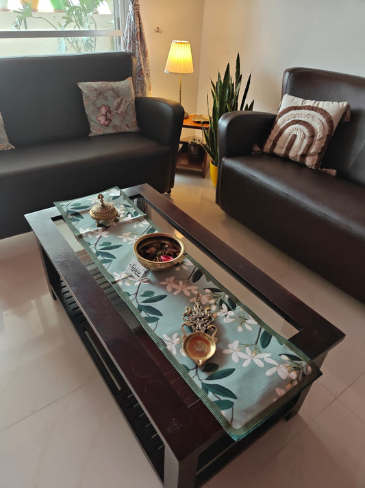 Jade Buddha Art Inspired Silk Small Coffee Table Runner L-48 in, W-12 in