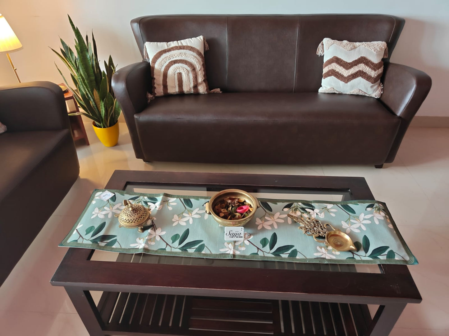 Jade Buddha Art Inspired Silk Small Coffee Table Runner L-48 in, W-12 in