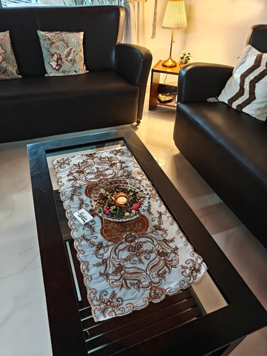 Vintage Cutwork Metallic Brass Brown Coffee Table Runner