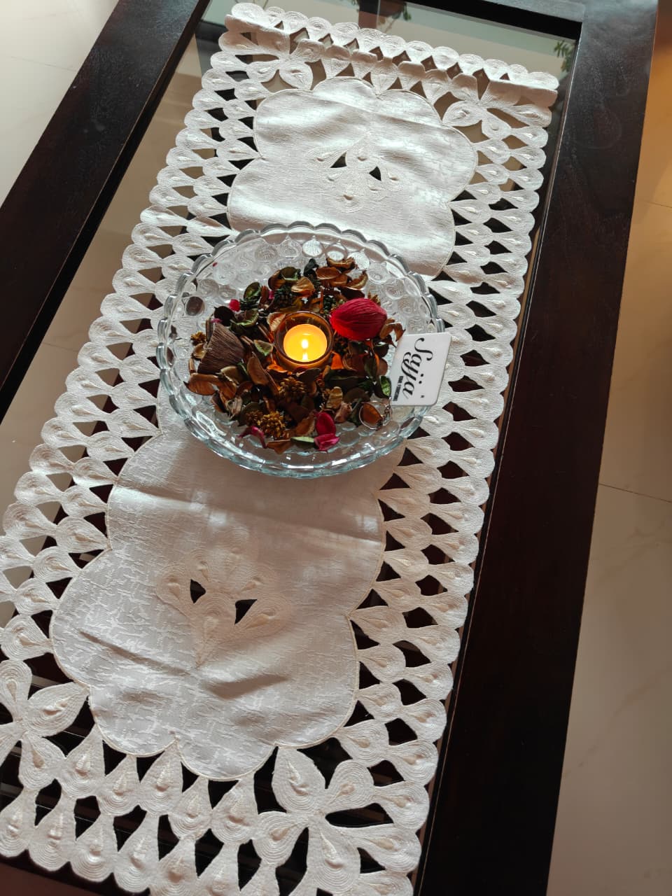 Beautiful Cutwork Ivory Velvet Teapoy Table Runner Cover Centre Table 4 Seater Table