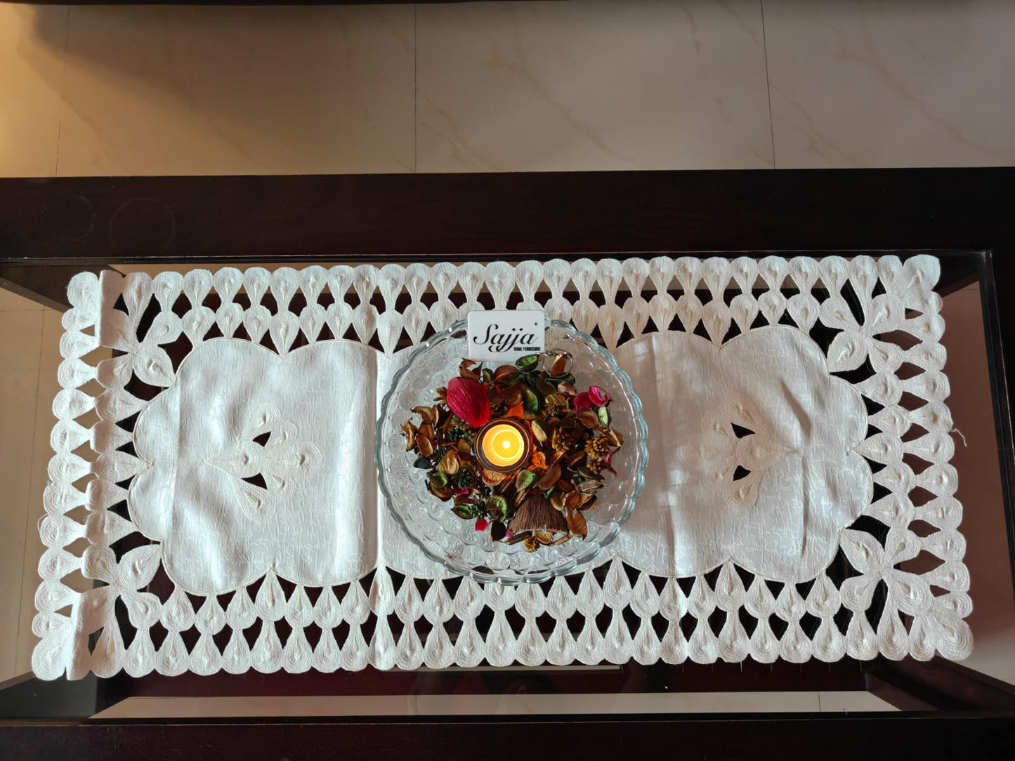 Beautiful Cutwork Ivory Velvet Teapoy Table Runner Cover Centre Table 4 Seater Table